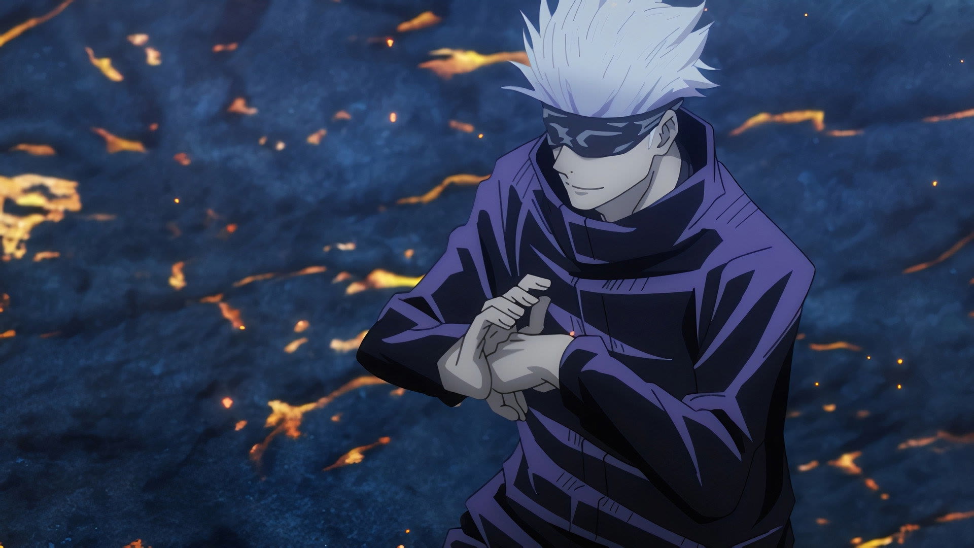 Gojo standing amid Jogo's falling embers
