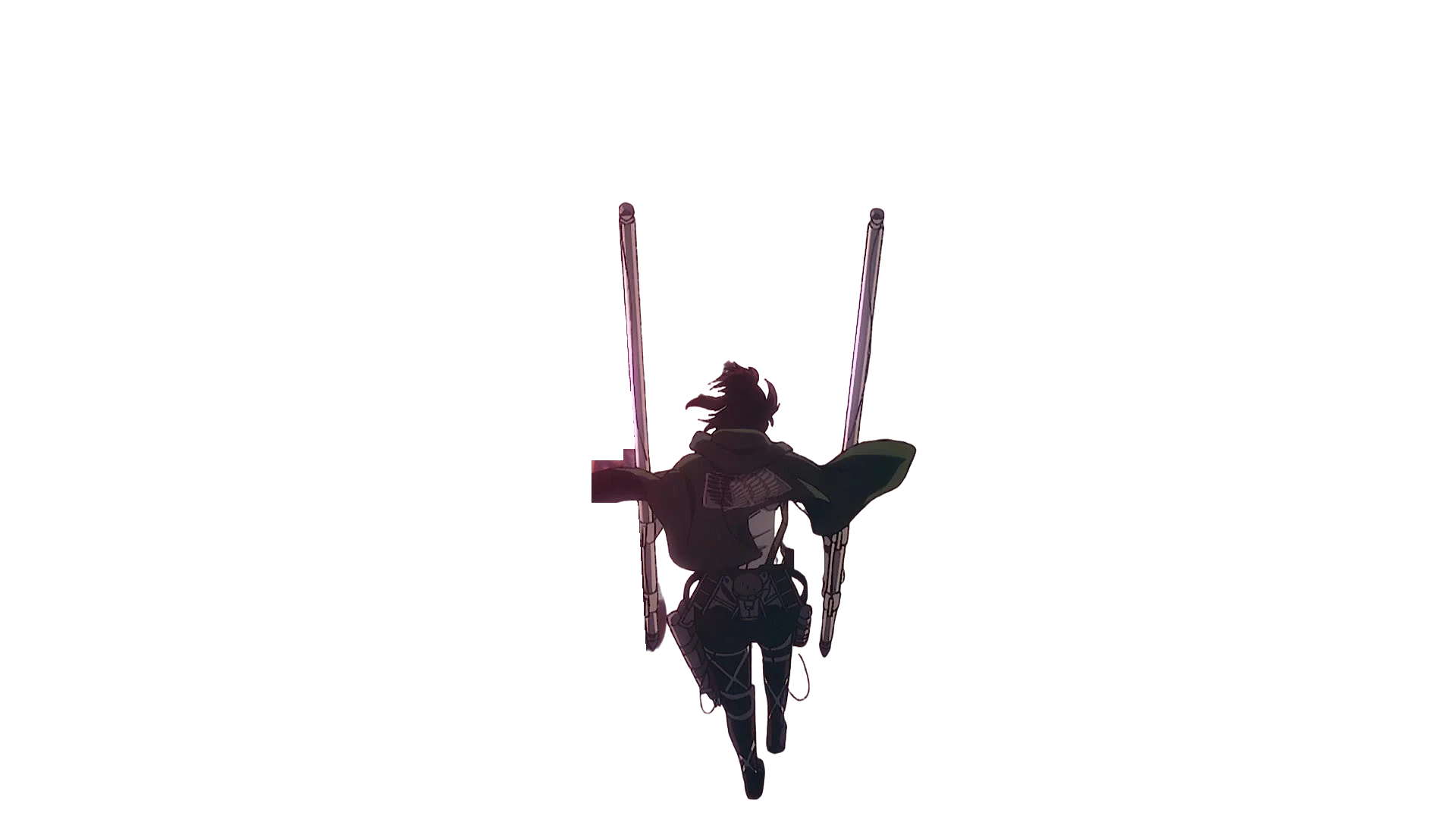 Hange flying in among the Colossal Titans through pink steam