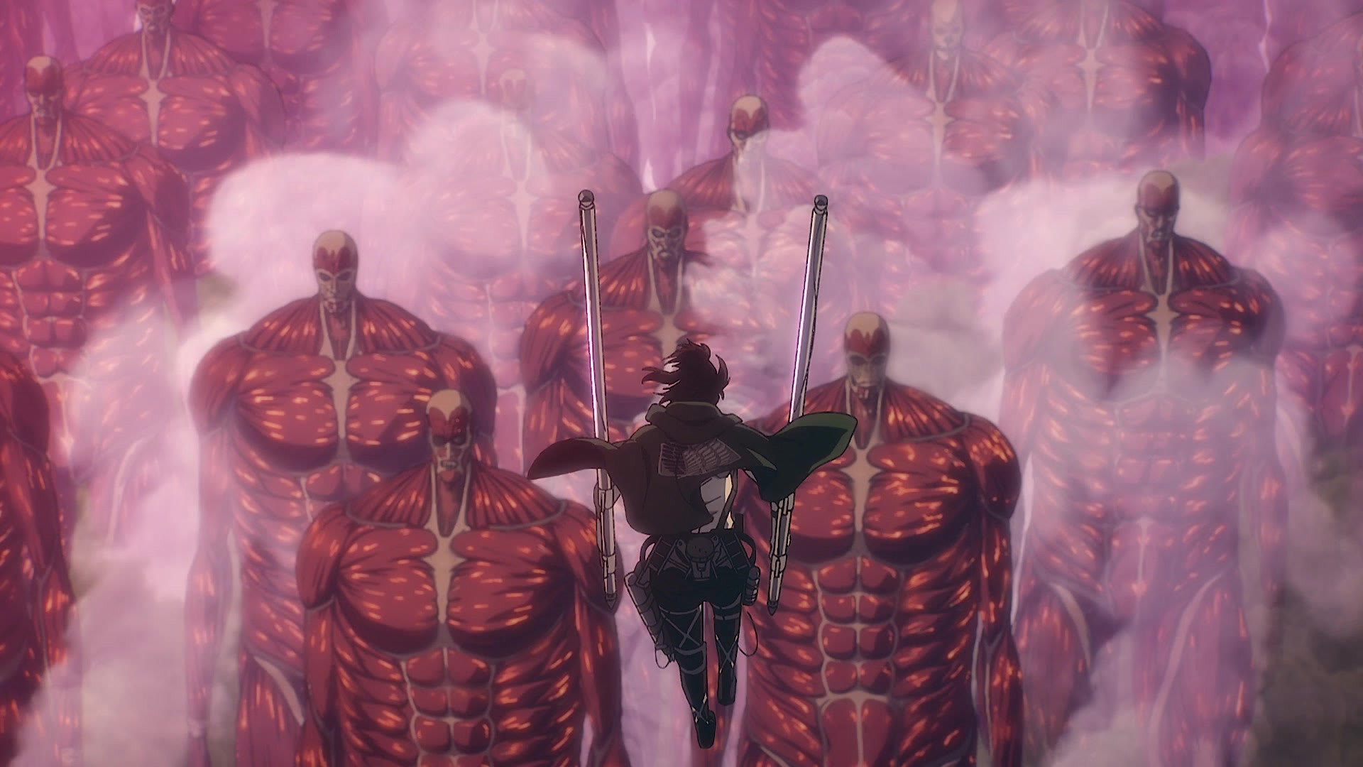 Hange flying in among the Colossal Titans through pink steam