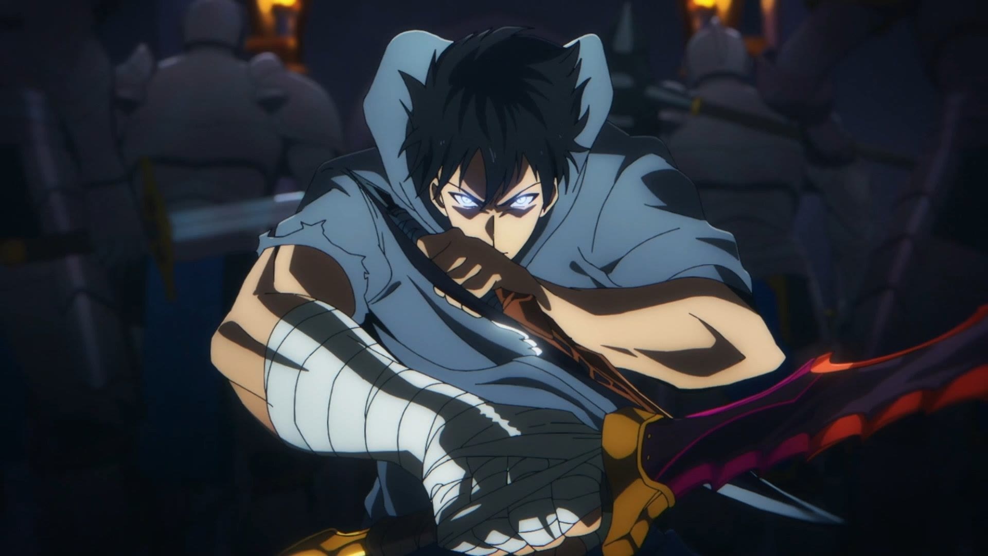Jinwoo slashing with his dagger among the stone knights